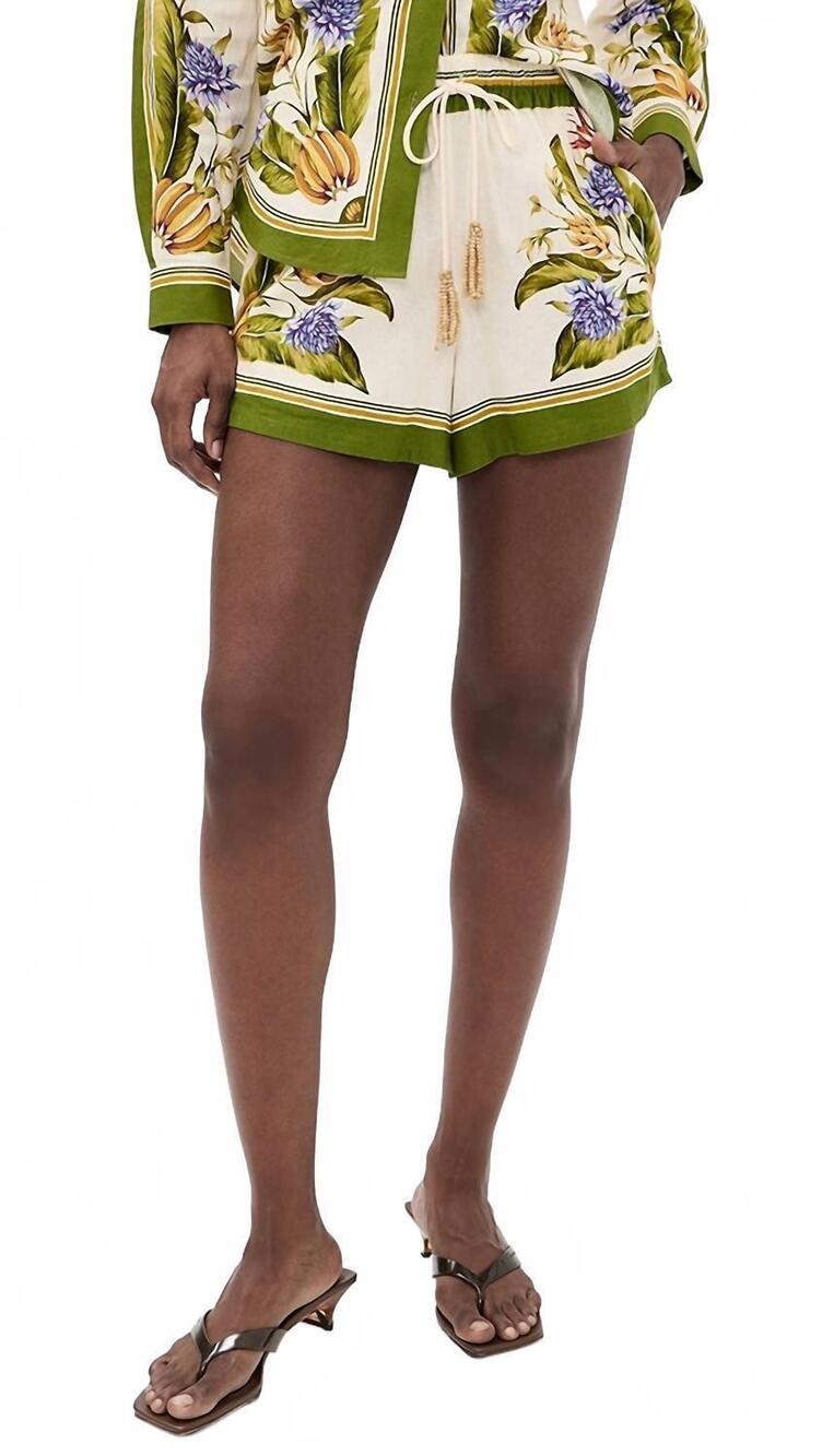 NEW FARM RIO print linen shorts in tropical scarf sand